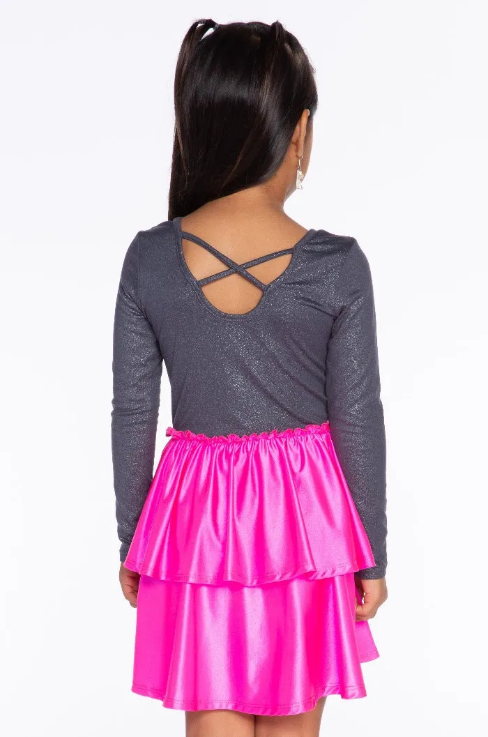 Simply Soft Long Sleeve Ruffle Skirt Be Happy Dress - Foggy Foil Pink Liquid