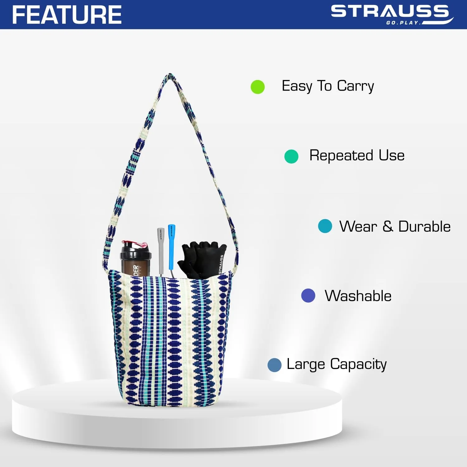 Strauss Jacquard Gym Bag | for Both Men and Women |Breathable, Durable and Long- Lasting| Suitable for Travel, Gym and Yoga Classes| Eco- Friendly and Washable |(Blue Pattern)