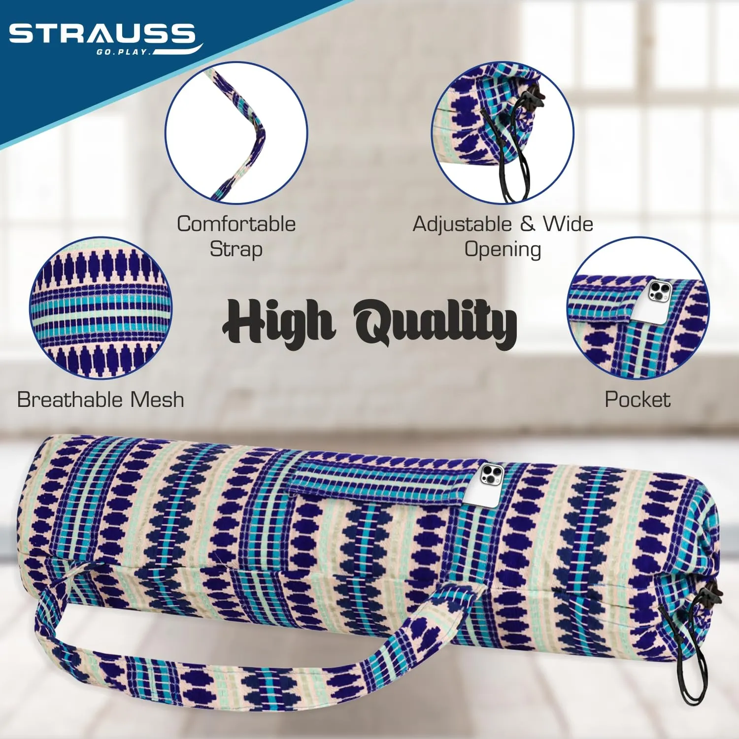 STRAUSS Jacquard Yoga Mat Bag | for Both Men and Women |Breathable, Durable and Long- Lasting| Suitable for Yoga Mat, Travel and Gym | Eco- Friendly and Washable (Blue Pattern)