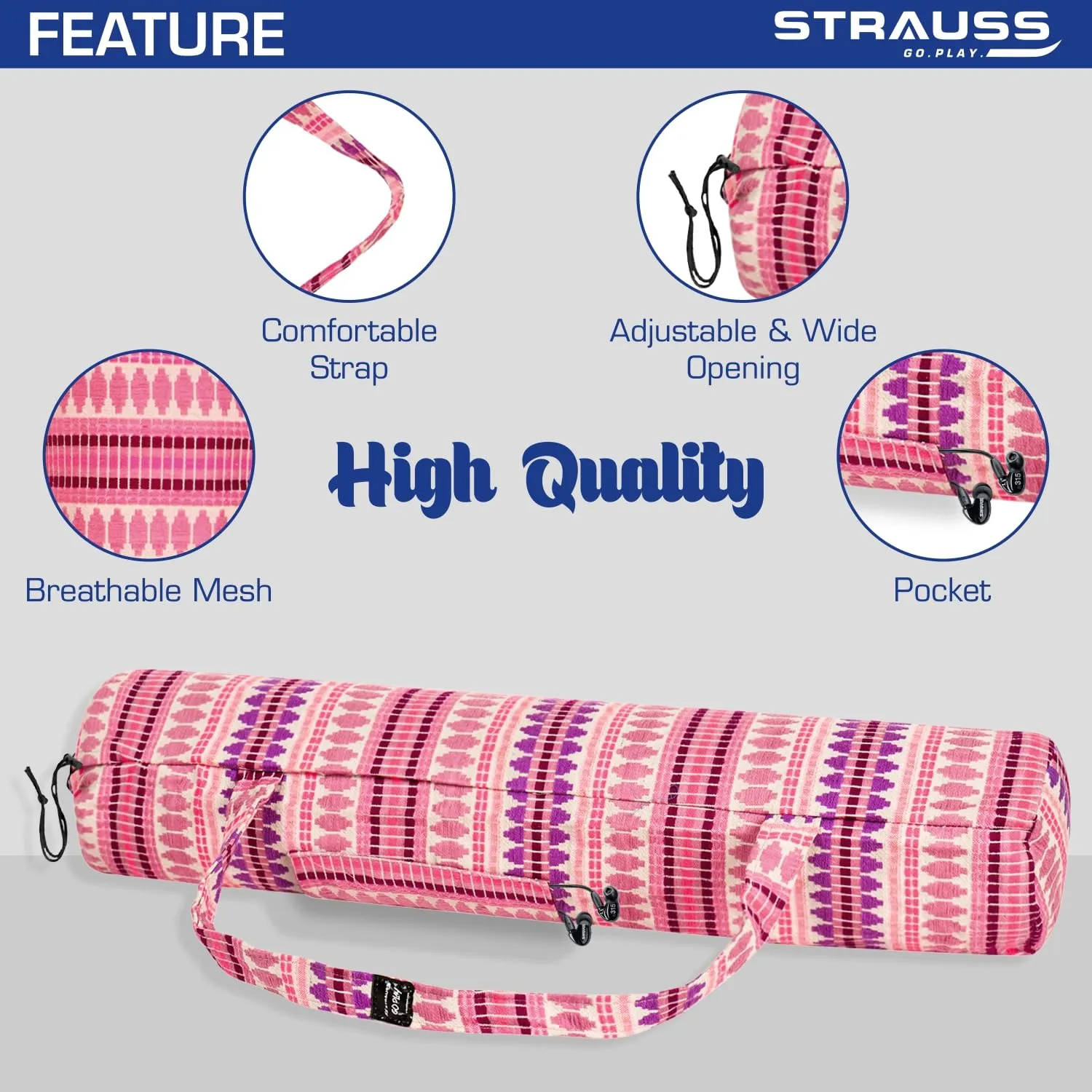 STRAUSS Jacquard Yoga Mat Bag | for Both Men and Women |Breathable, Durable and Long- Lasting| Suitable for Yoga Mat, Travel and Gym | Eco- Friendly and Washable |(Red Pattern)