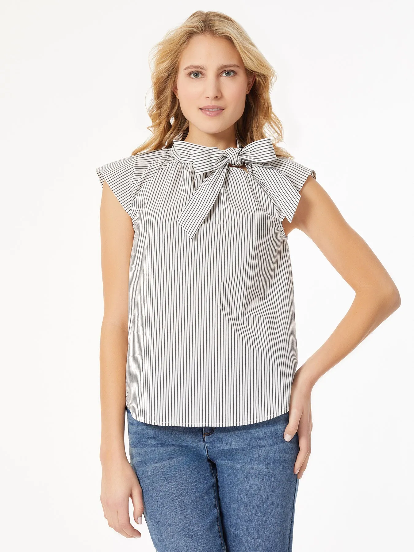 Stripe Bow Tie-Neck Blouse