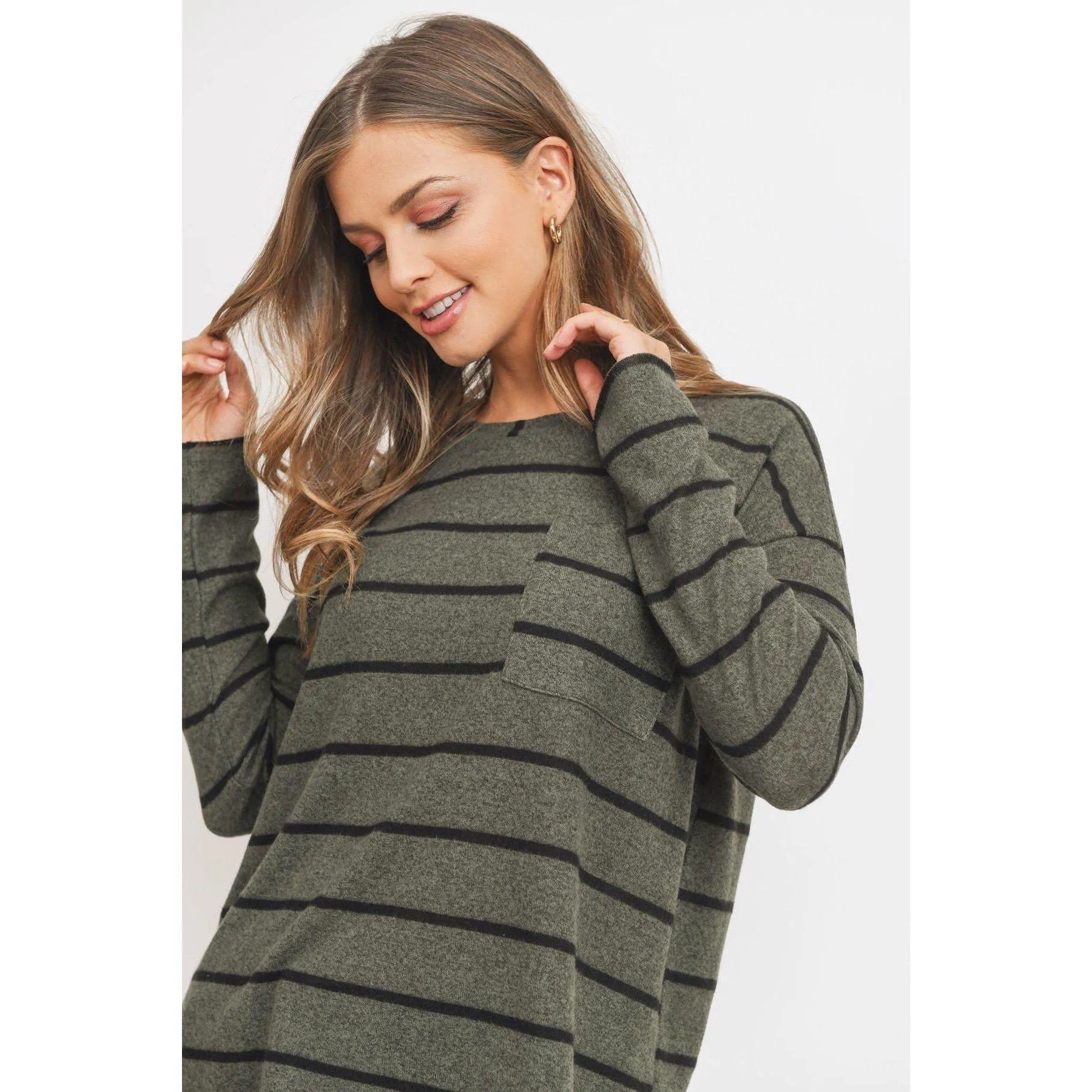 Striped Front Pocket Round Collar