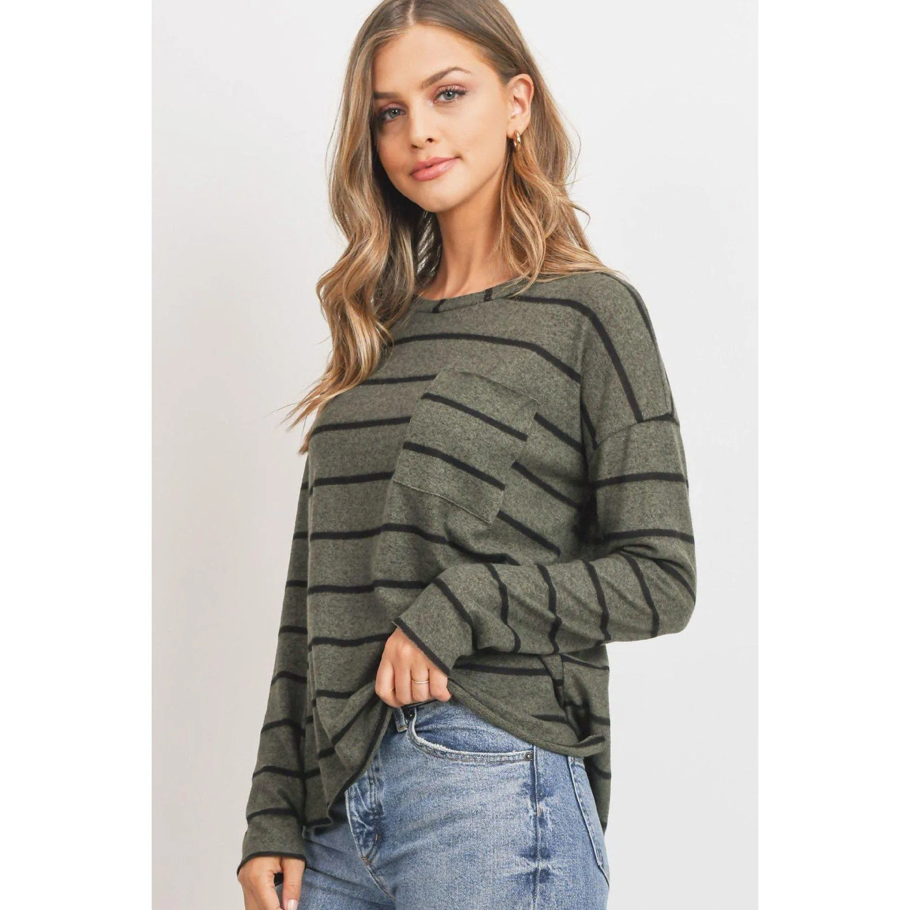 Striped Front Pocket Round Collar