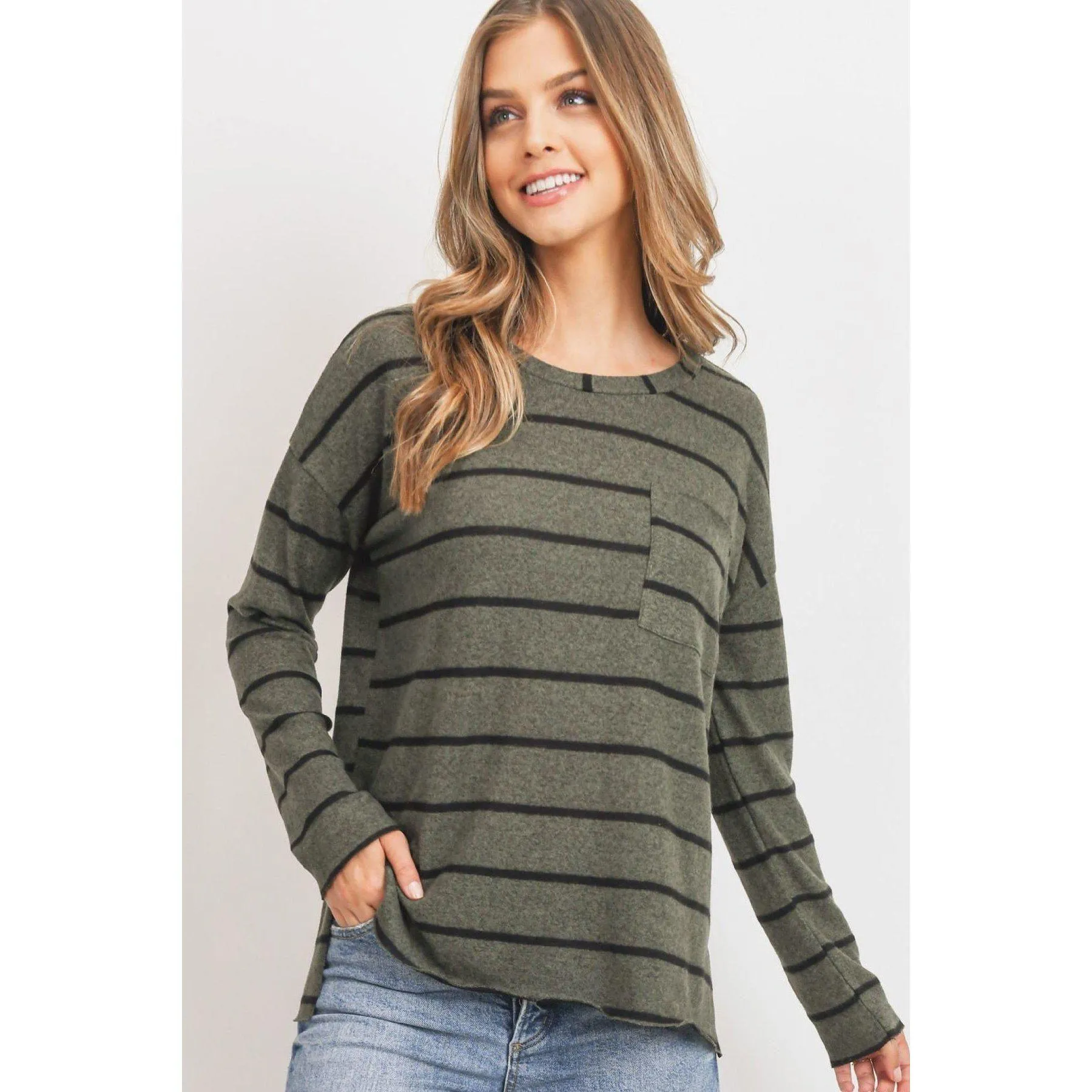 Striped Front Pocket Round Collar