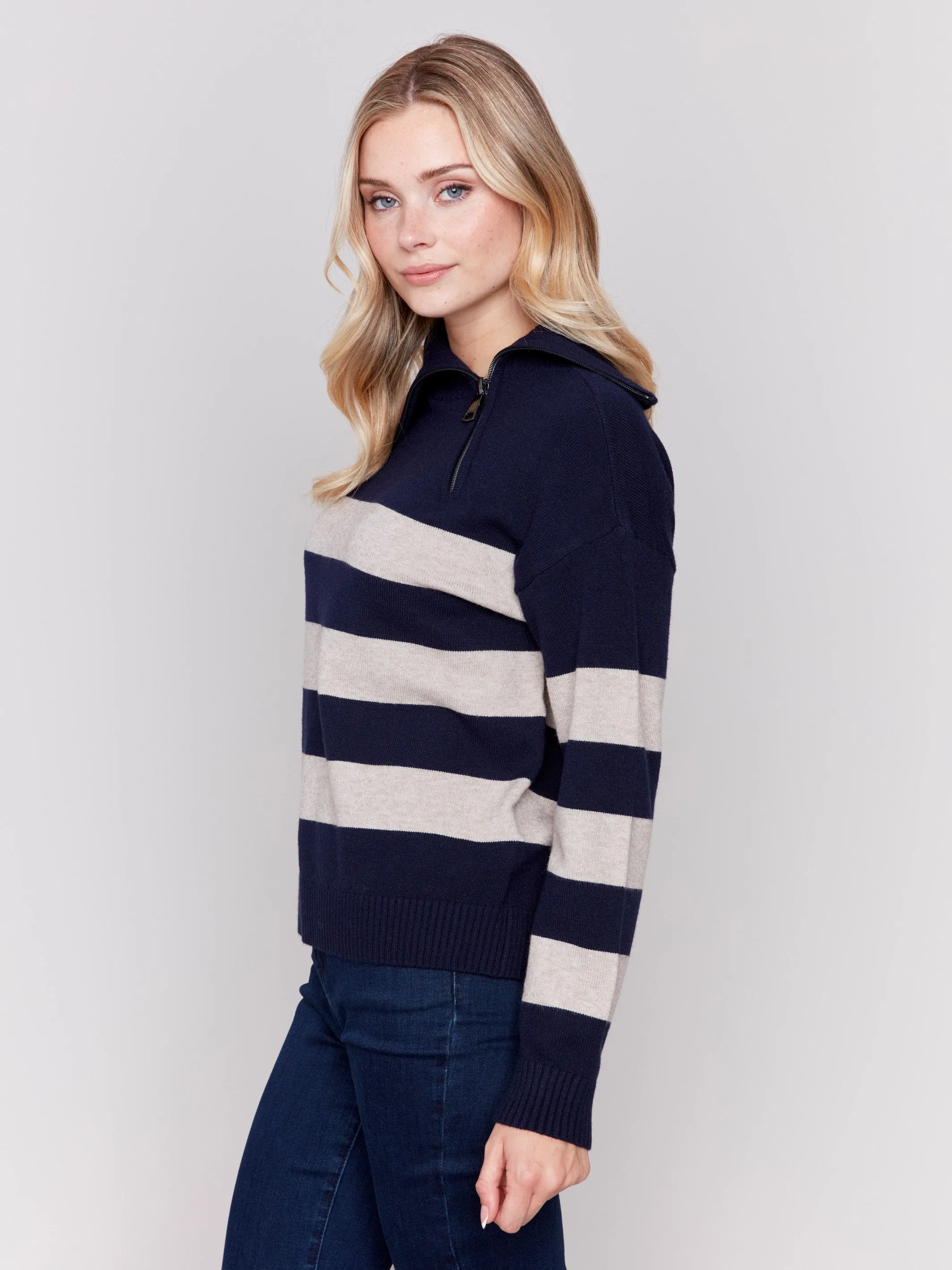 Striped Turtleneck Sweater with Zipper Detail - Navy