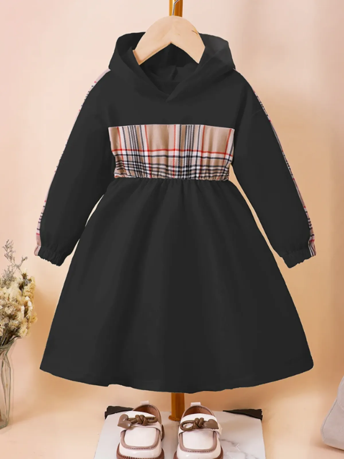 Stylish Black Plaid Hoodie Dress