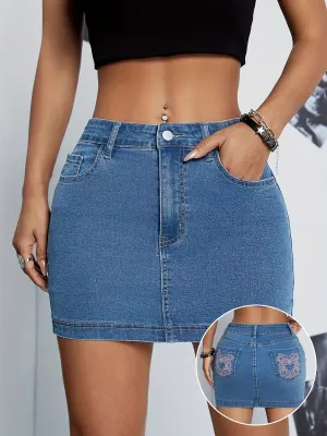 Stylish Washed Blue Mini Bodycon Denim Skirt - Women Denim Skirts - Embroidery Detail, Patch Pocket, High-Waisted, Stretchy, Comfortable, Fashionable, Classic Design