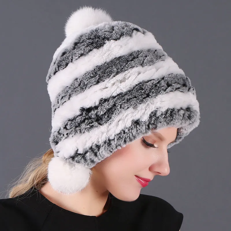 Three ball ear protecting Rex rabbit fur hat thickened warm lady fur in autumn and winter