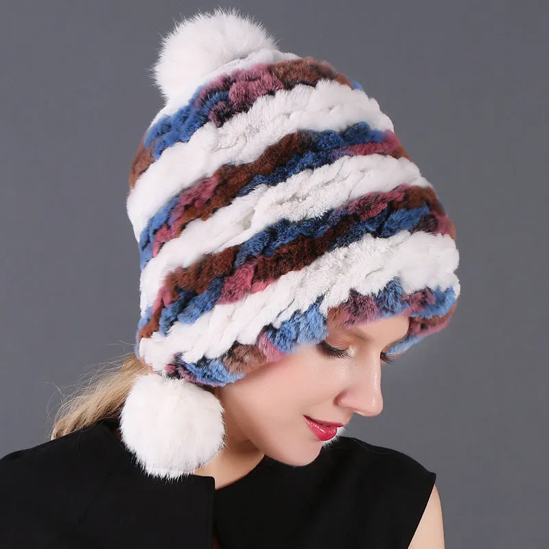 Three ball ear protecting Rex rabbit fur hat thickened warm lady fur in autumn and winter