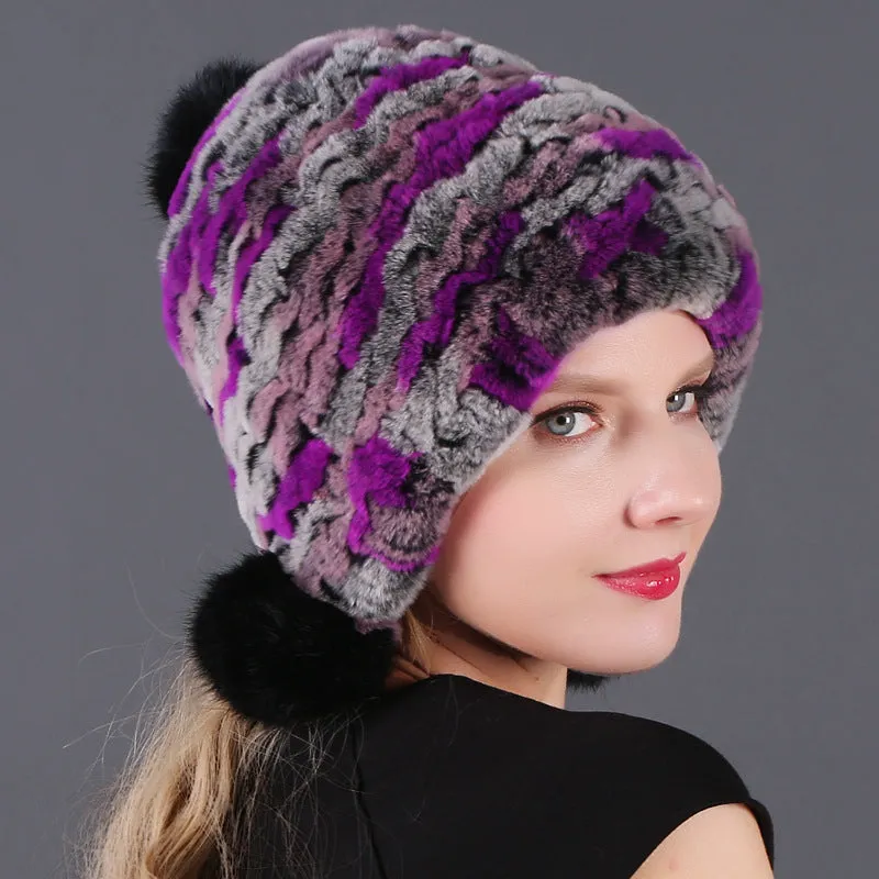 Three ball ear protecting Rex rabbit fur hat thickened warm lady fur in autumn and winter