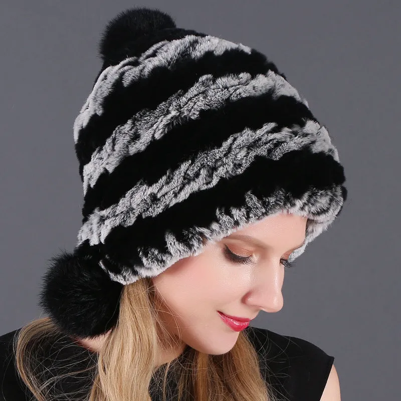 Three ball ear protecting Rex rabbit fur hat thickened warm lady fur in autumn and winter