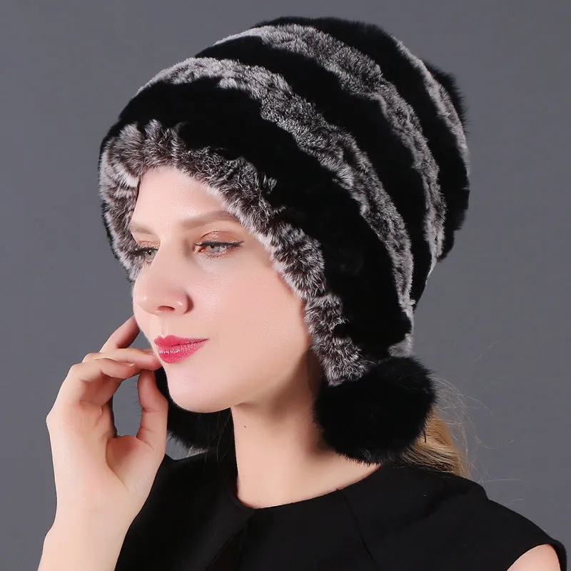 Three ball ear protecting Rex rabbit fur hat thickened warm lady fur in autumn and winter