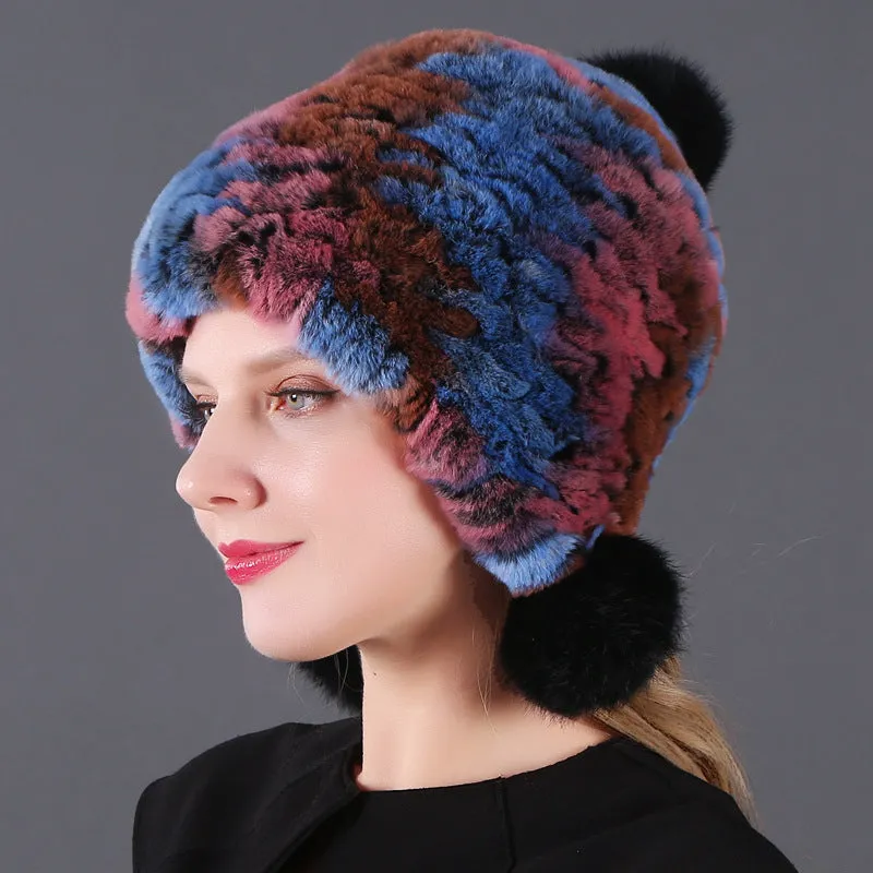 Three ball ear protecting Rex rabbit fur hat thickened warm lady fur in autumn and winter