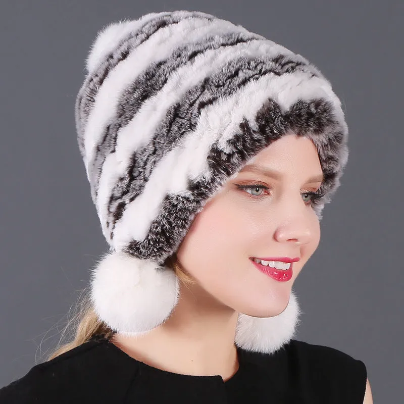 Three ball ear protecting Rex rabbit fur hat thickened warm lady fur in autumn and winter