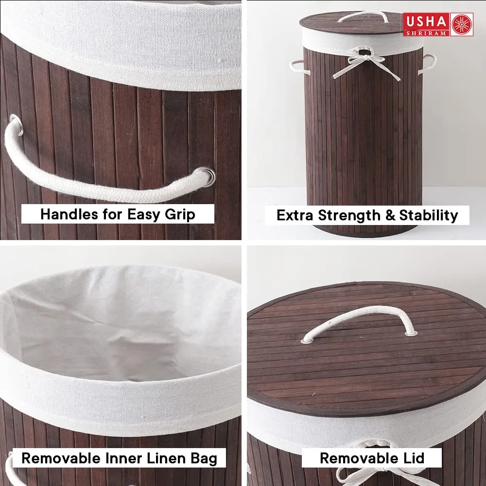 USHA SHRIRAM Foldable Bamboo Laundry Basket With Lid | Sustainable & Eco-Friendly | Travel Essential | Solid Laundry Basket (35cmx35cmx60cm) | Easy To Carry (1 Pcs, Dark Brown)