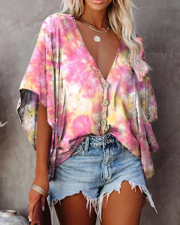 V-neck bat sleeve digital print blouse