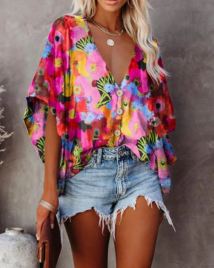 V-neck bat sleeve digital print blouse