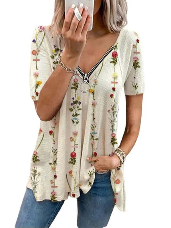 V-neck zipper retro zipper print short-sleeved shirt