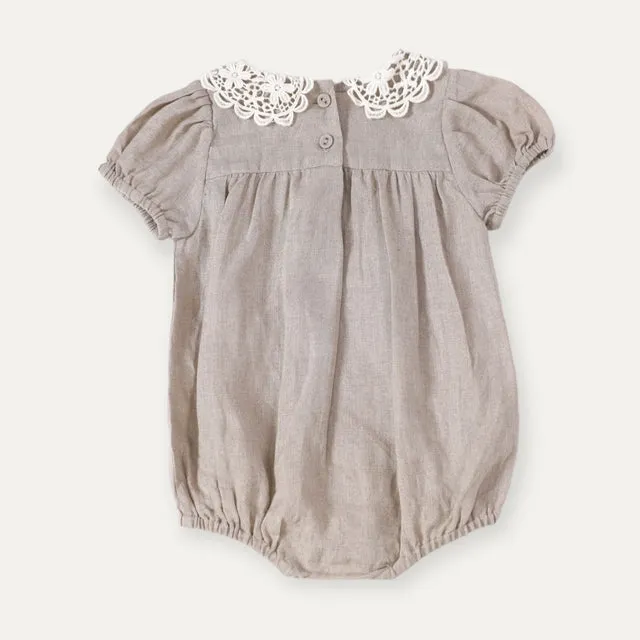 Viverano Alba Embroidered Collar Linen Baby Romper in Natural