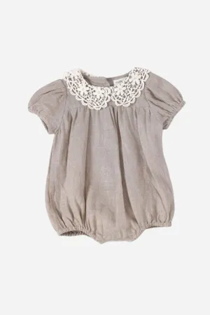 Viverano Alba Embroidered Collar Linen Baby Romper in Natural