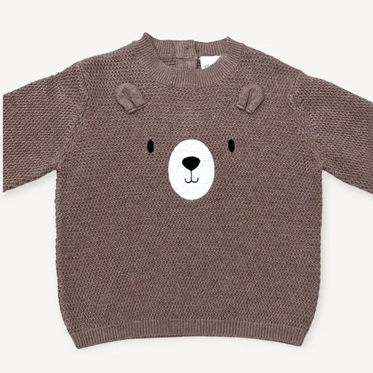 Viverano Bear Embroidered Knit Baby Pullover Sweater in Cafe Latte