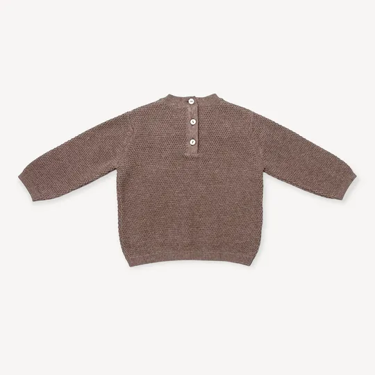 Viverano Bear Embroidered Knit Baby Pullover Sweater in Cafe Latte