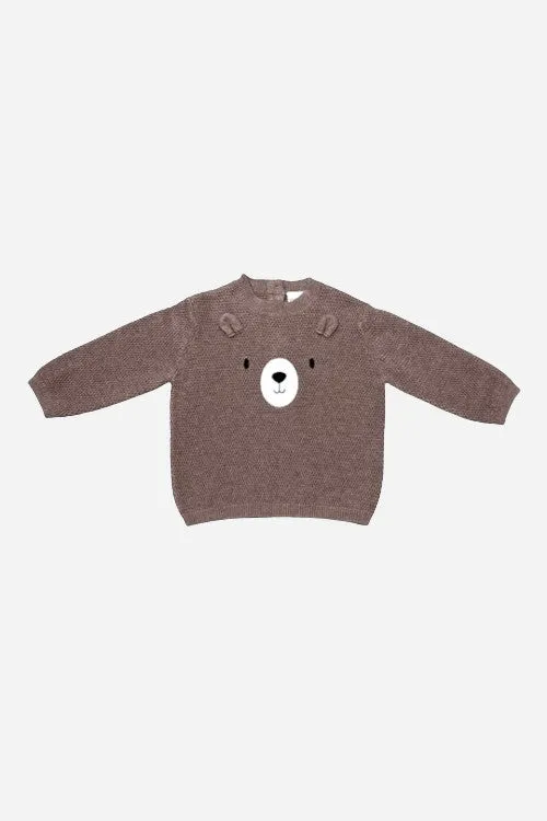 Viverano Bear Embroidered Knit Baby Pullover Sweater in Cafe Latte