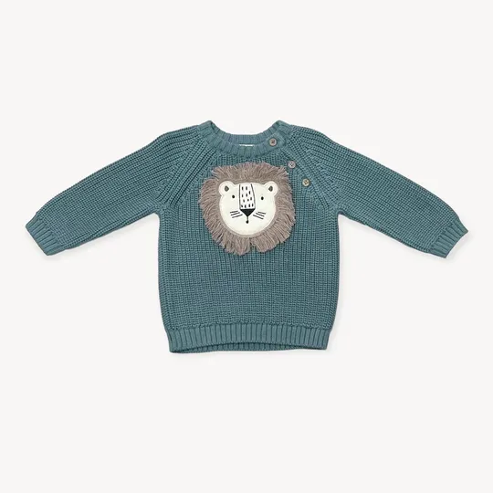 Viverano Lion Applique Baby Pullover Sweater Knit in Teal Blue