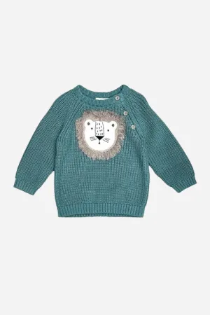 Viverano Lion Applique Baby Pullover Sweater Knit in Teal Blue