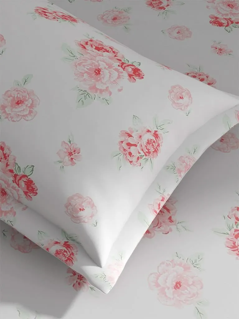 Westside Home Pink Rose Print 144TC Double Bedsheet with Two Pillowcases