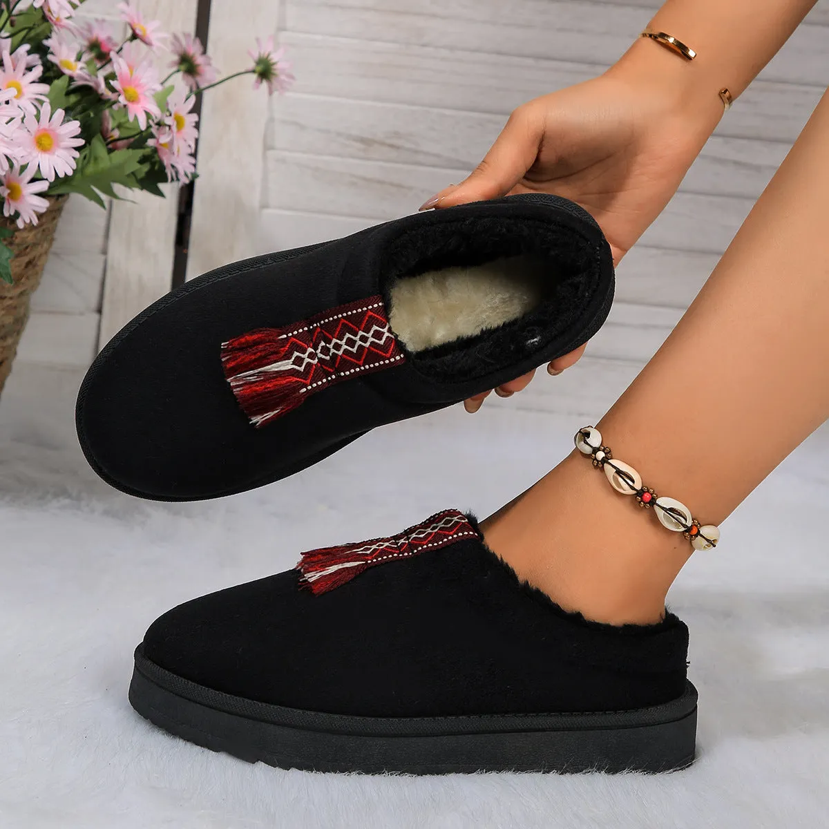 Winter Plush Home Slippers Fashion Round Toe Flat Suede Garden Shoes Indoor Warm Floor Bedroom Slipper For Women