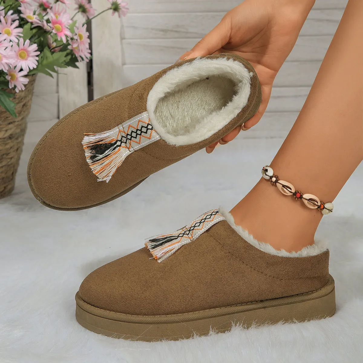 Winter Plush Home Slippers Fashion Round Toe Flat Suede Garden Shoes Indoor Warm Floor Bedroom Slipper For Women