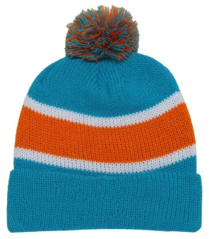 Winter Striped Beanie w/ Pom - Blue and Orange