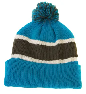 Winter Striped Beanie with Pom - Turquoise/Grey