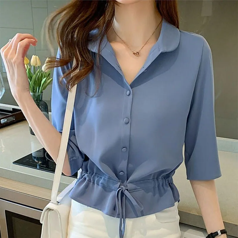 Women Solid Turn-down Collar Half Sleeve Chiffon Shirt Fashion Casual Shirring Single-breasted Blouses Female 1004-0