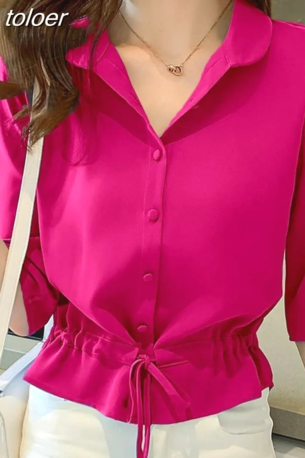 Women Solid Turn-down Collar Half Sleeve Chiffon Shirt Fashion Casual Shirring Single-breasted Blouses Female 1004-0