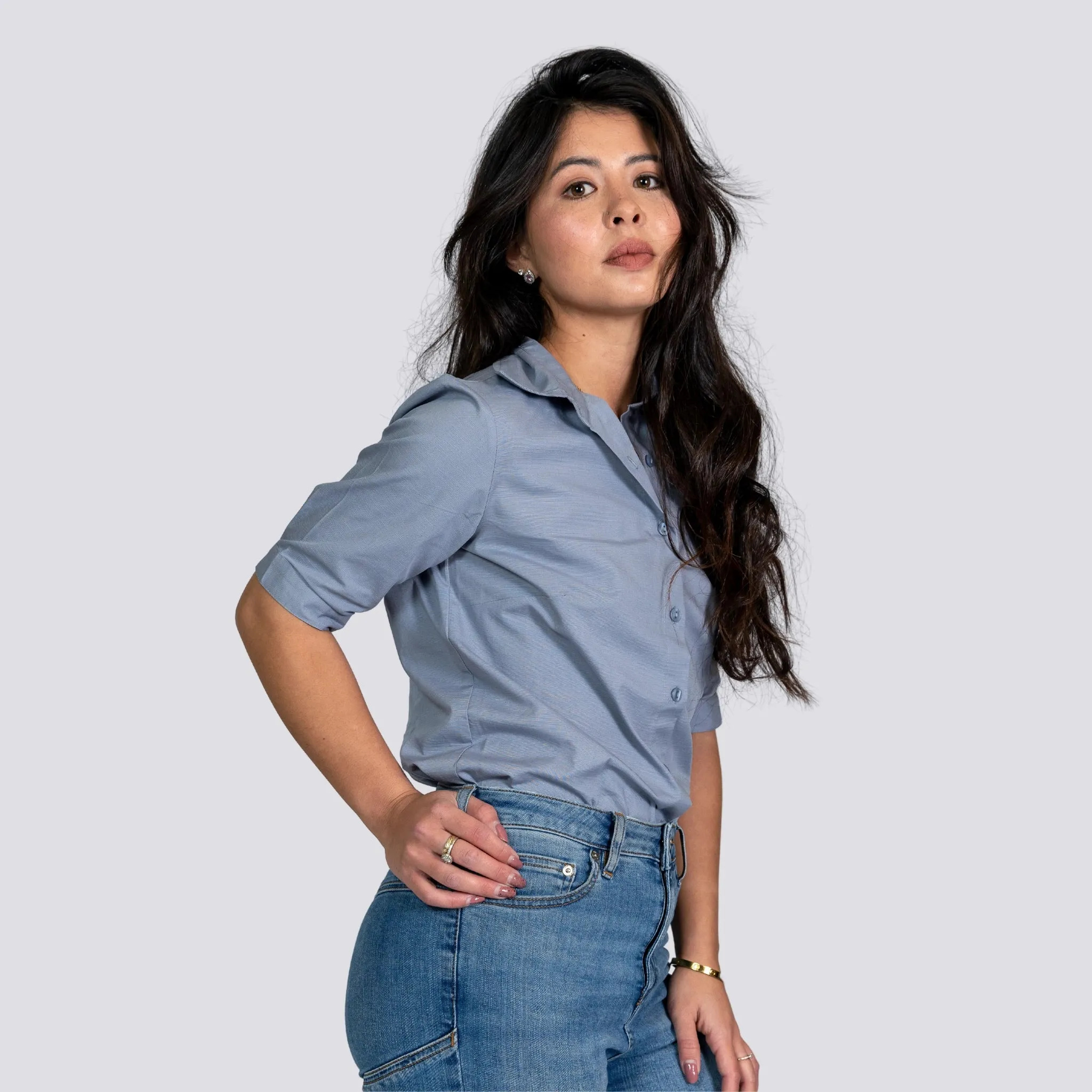 Workwear Chic: Sustainable Grey Mist Linen Shirt